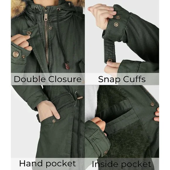 Women's Winter Thicken Fleece Jacket Fur Hooded Military Parka Coat